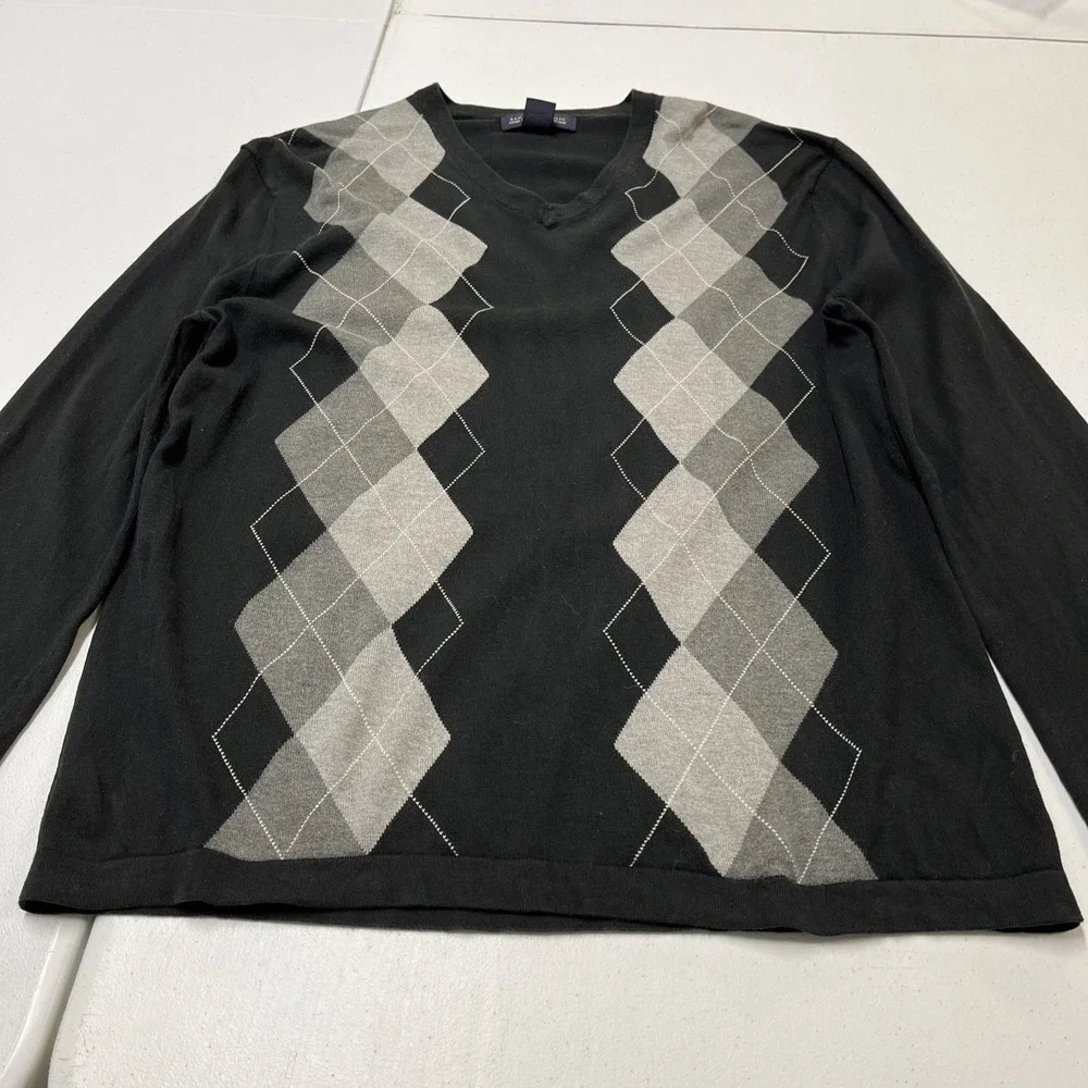 Banana Republic Sweater Black Argyle Silk‎ Cashmere Blend Pullover V Neck Mens M